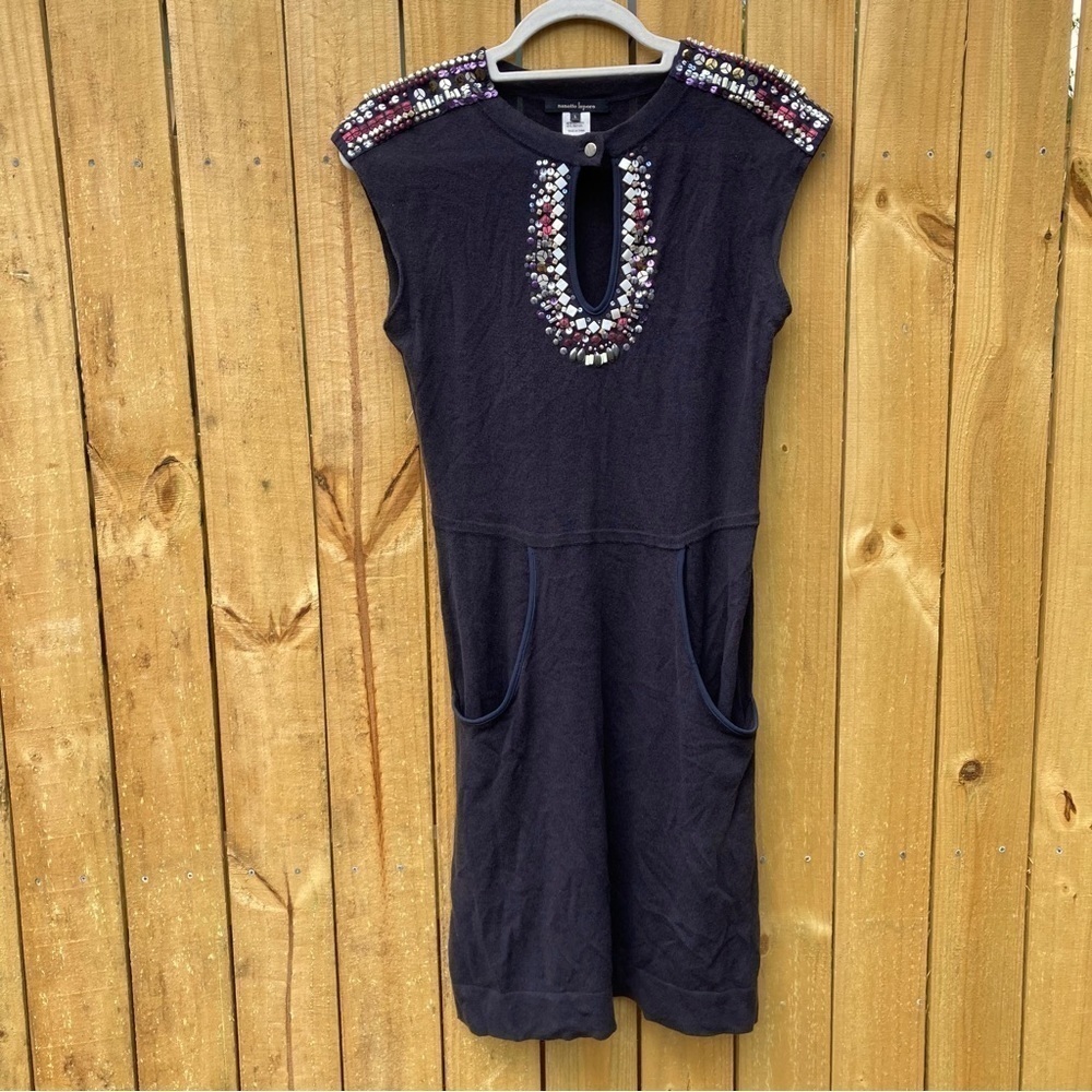 Nanette Lepore Navy Sweater Dress Beaded Mock Neck Key Hole Bohemian Mini Small
